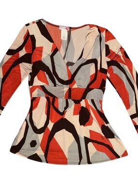 Body Central Red, Black & Cream Abstract Long-Sleeve Wrap Top